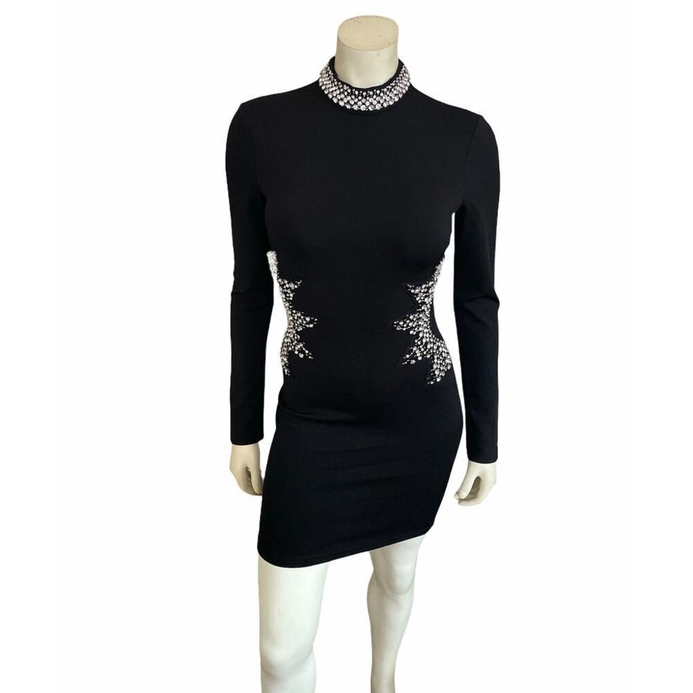 AKIRA Black Rhinestone Embellished Long Sleeve Bodycon Mini Dress SZ M